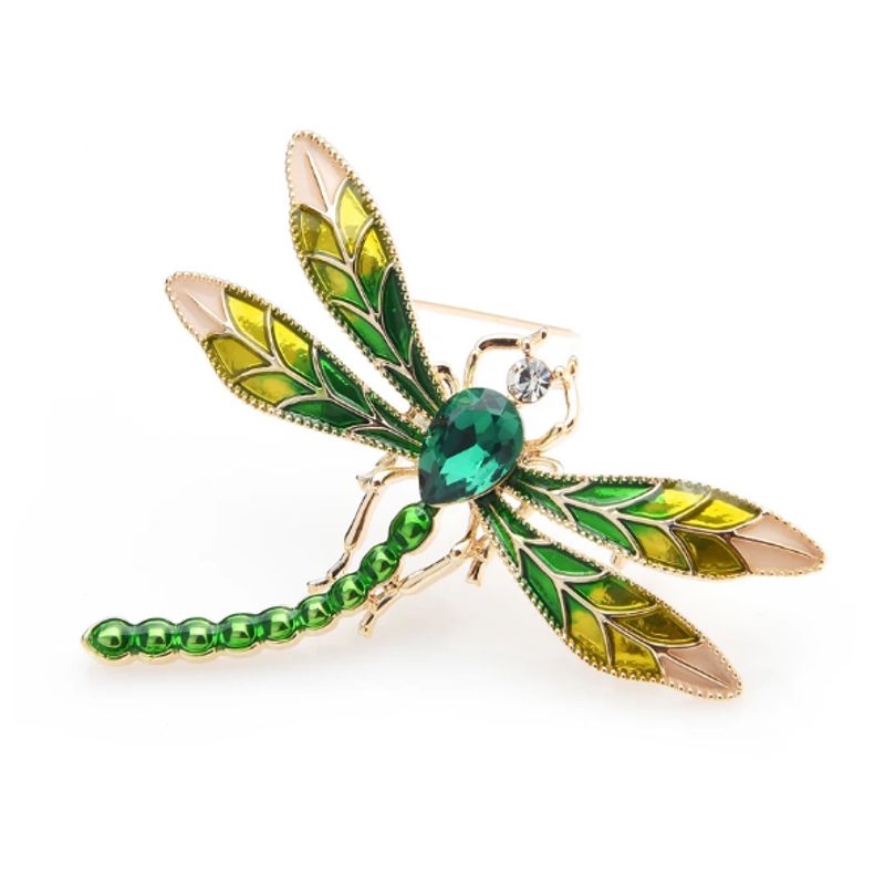 Green and Yellow Dragonfly Brooch - Enamel and Rhinestones - Click Image to Close